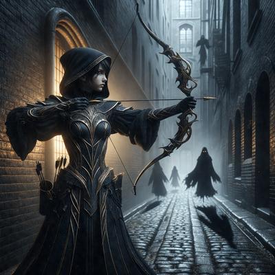 The primary subject of the image is a woman dressed in a medieval costume, holding a bow and arrow. She is standing in a dark alley, surrounded by a brick wall. The setting appears to be a nighttime cityscape, with the woman as the focal point. The visual style of the image is a digital art or illustration, creating a dramatic and moody atmosphere. The colors in the image are predominantly dark, with the woman's costume and the bow and arrow being the main sources of light